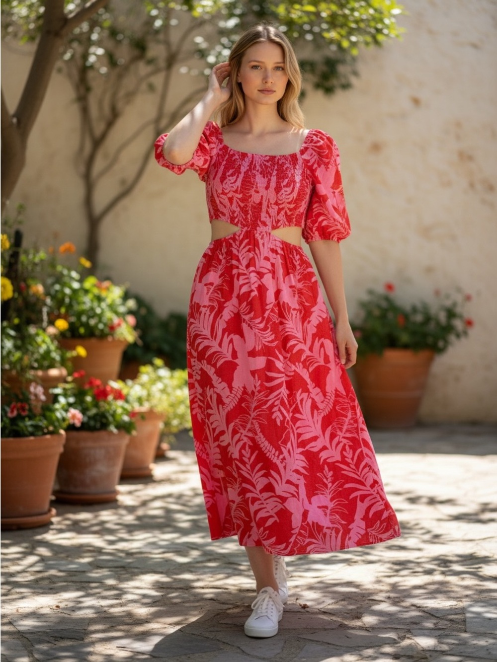 Vici Pink and Red Tropical Print Split-Side Maxi Dress - Women’s Size Large